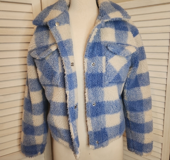 Jason Maxwell Blue and White Plaid Fleece Jacket Size S - Picture 2 of 4